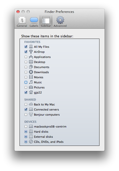 screenshot of the Sidebar tab of Finder preferences