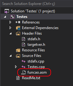 Solution Explorer mostrando arquivo asm