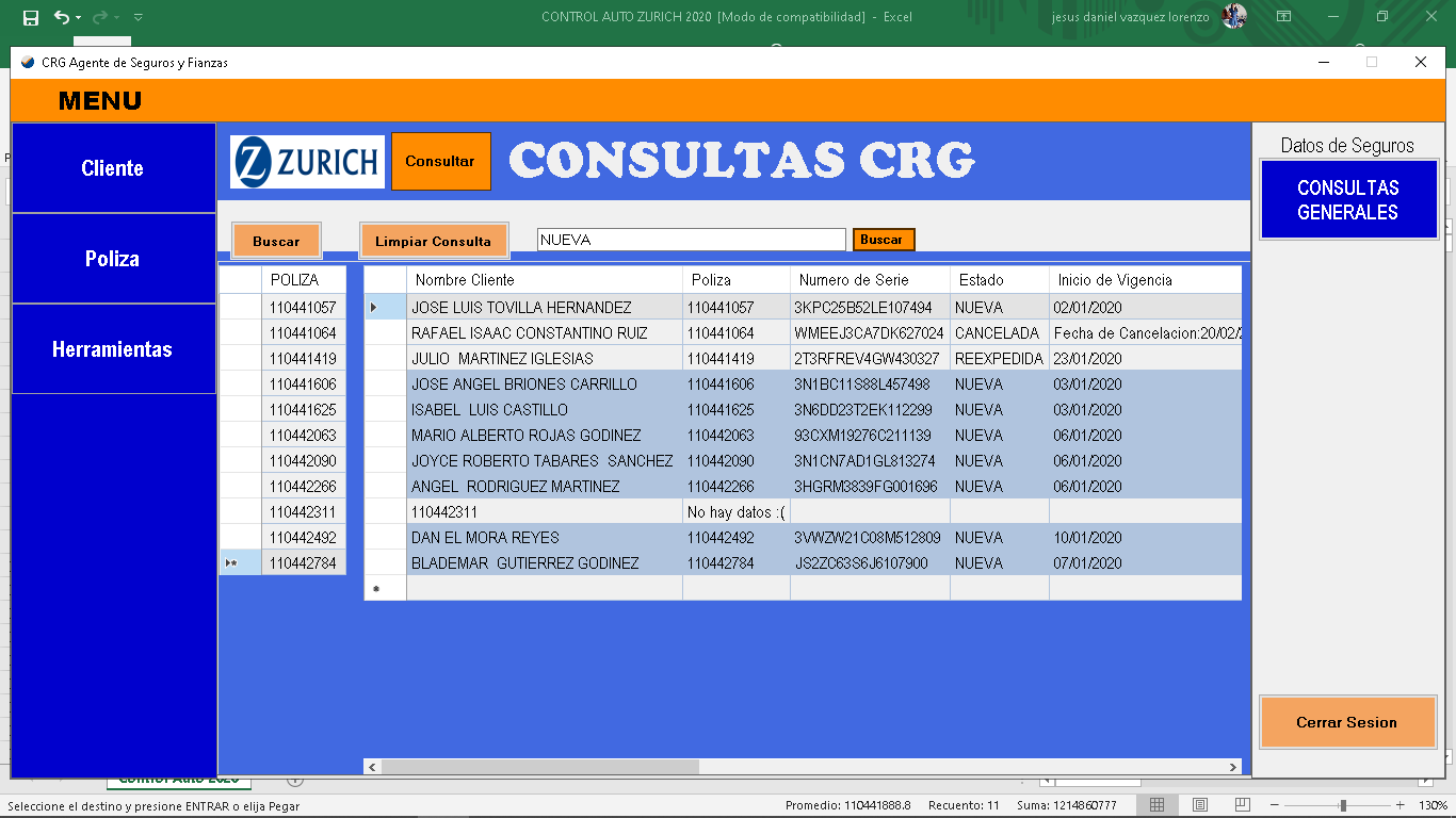 Aqui lleno mi DataGridView con las polizas y busco la palabra NUEVA