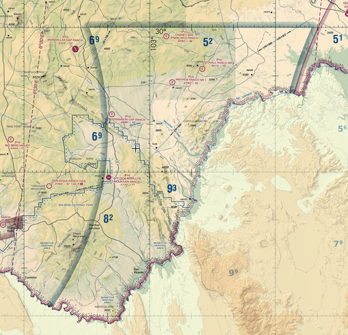 Screenshot of the sectional for Big Bend region of Texas, showing the faded blue line indicating an area of Class G airspace extending up to 14,500 feet MSL on the hard side and an area of Class G airspace extending up to 1200 feet AGL on the fuzzy side.