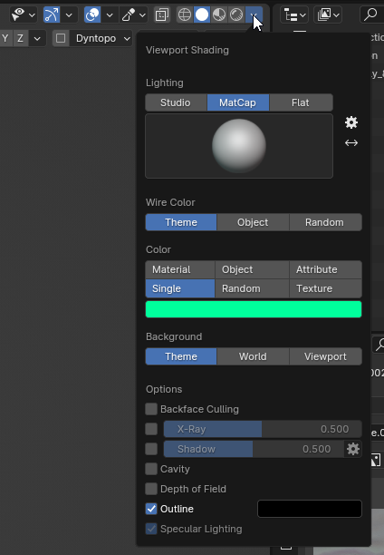 Screenshot of Blender showing Matcap and color settings