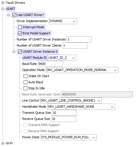 USART settings on Harmony