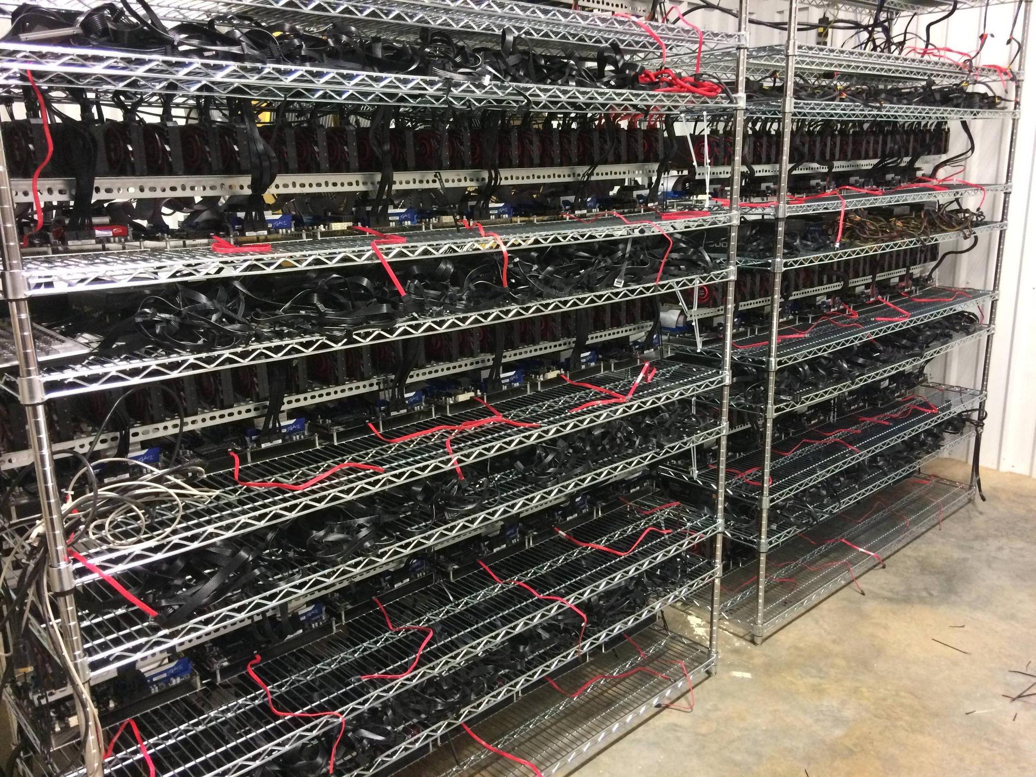 Bitcoin rig, with dozens of GPUs in racks