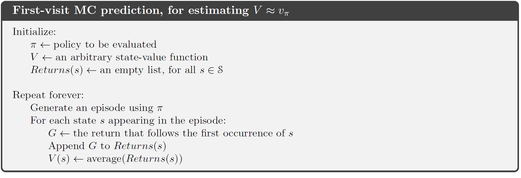 First-visit MC algorithm from (Sutton, Barto)