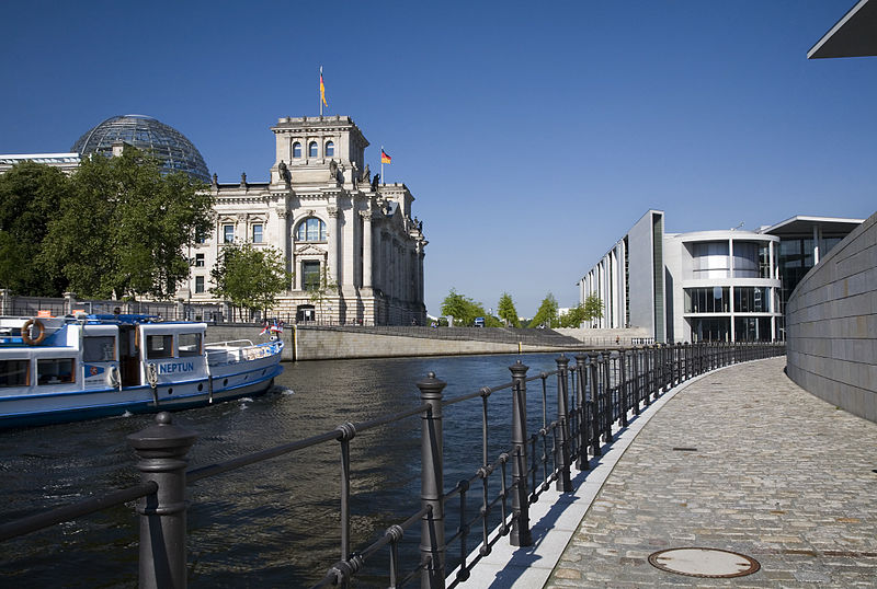 Bundestag by the Spree. Paul Löbe and Marie-Elisabeth Lüders House in the German Government Buildings, near the Reichstag. Platz