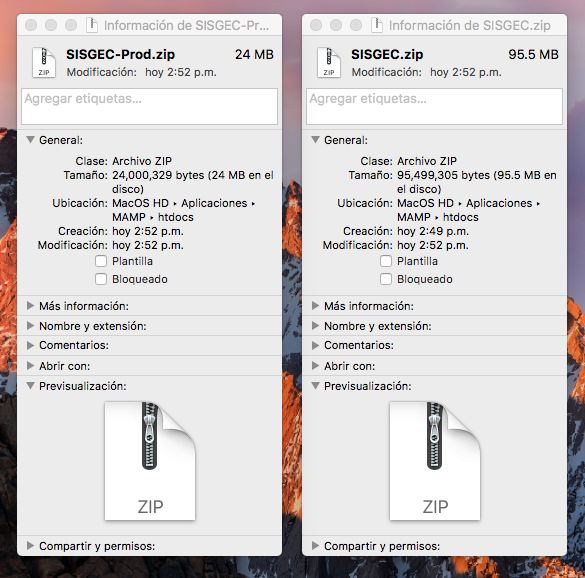 Comparativa de ambas carpetas ya comprimidas