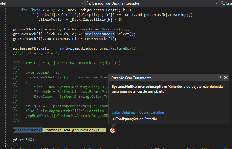 exceção NRE no Visual Studio