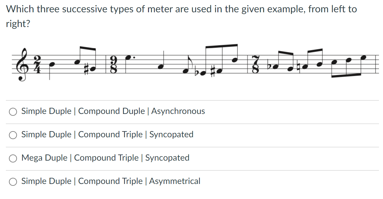 consecutive measures of 2/4, 9/8, and 7/8 meters