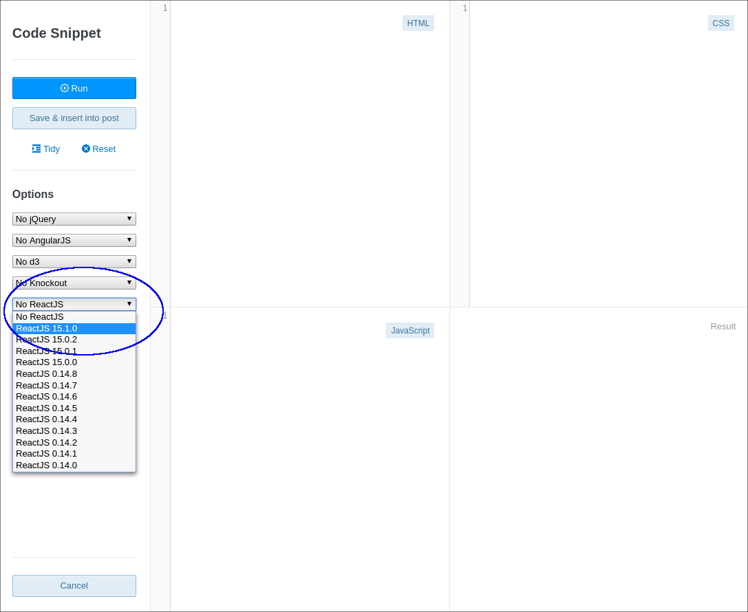 An image of the Stack Snippet interface with the ReactJS dropdown expanded and circled