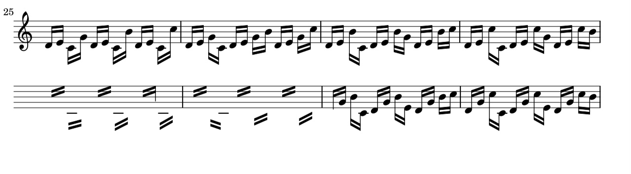 Garbled Output: Two line of music, on the second line note heads and stems are missing but beams are still visible