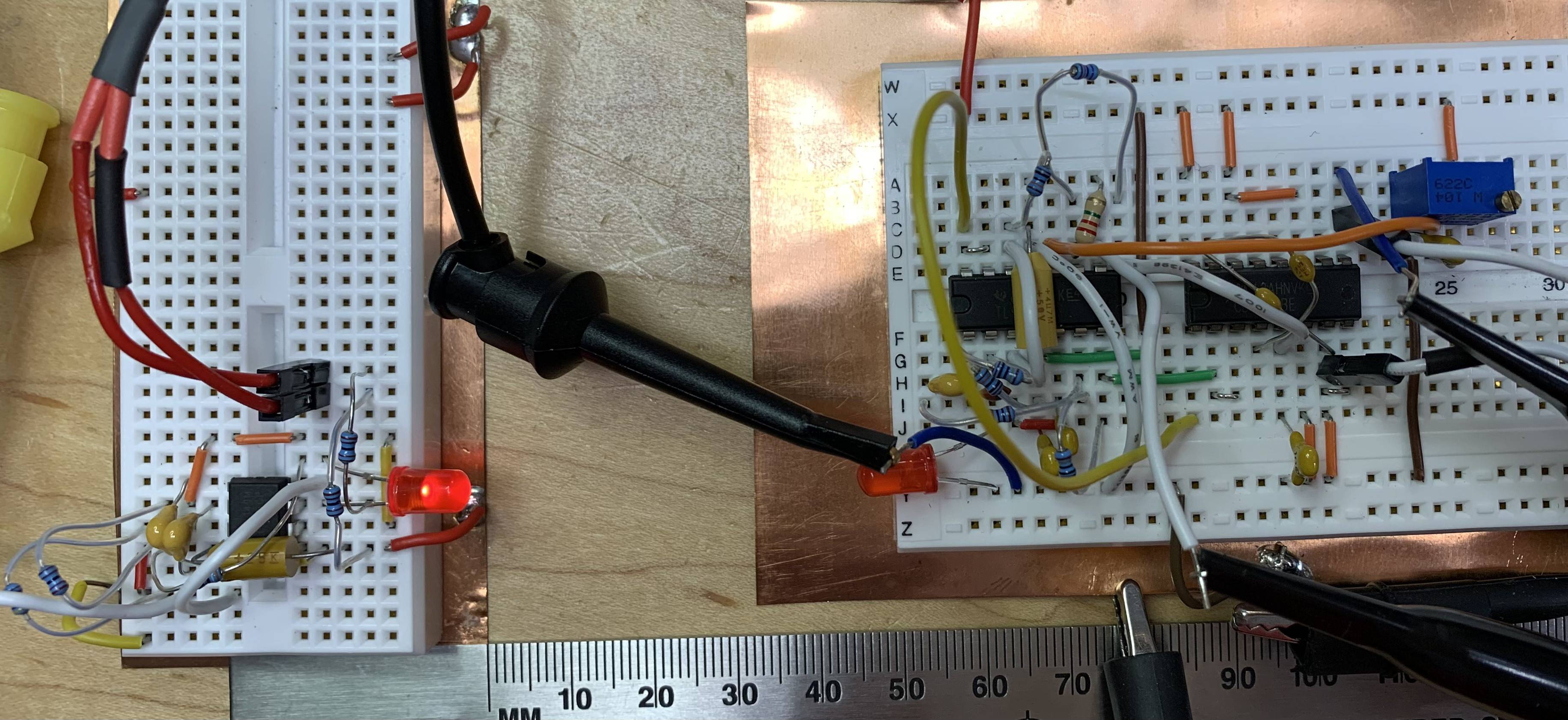 Closeup of the circuit on the breadboard