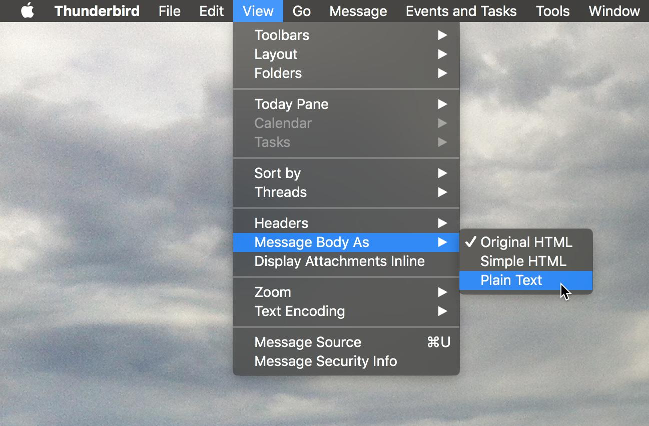 Thunderbird View Message Body drop down menu