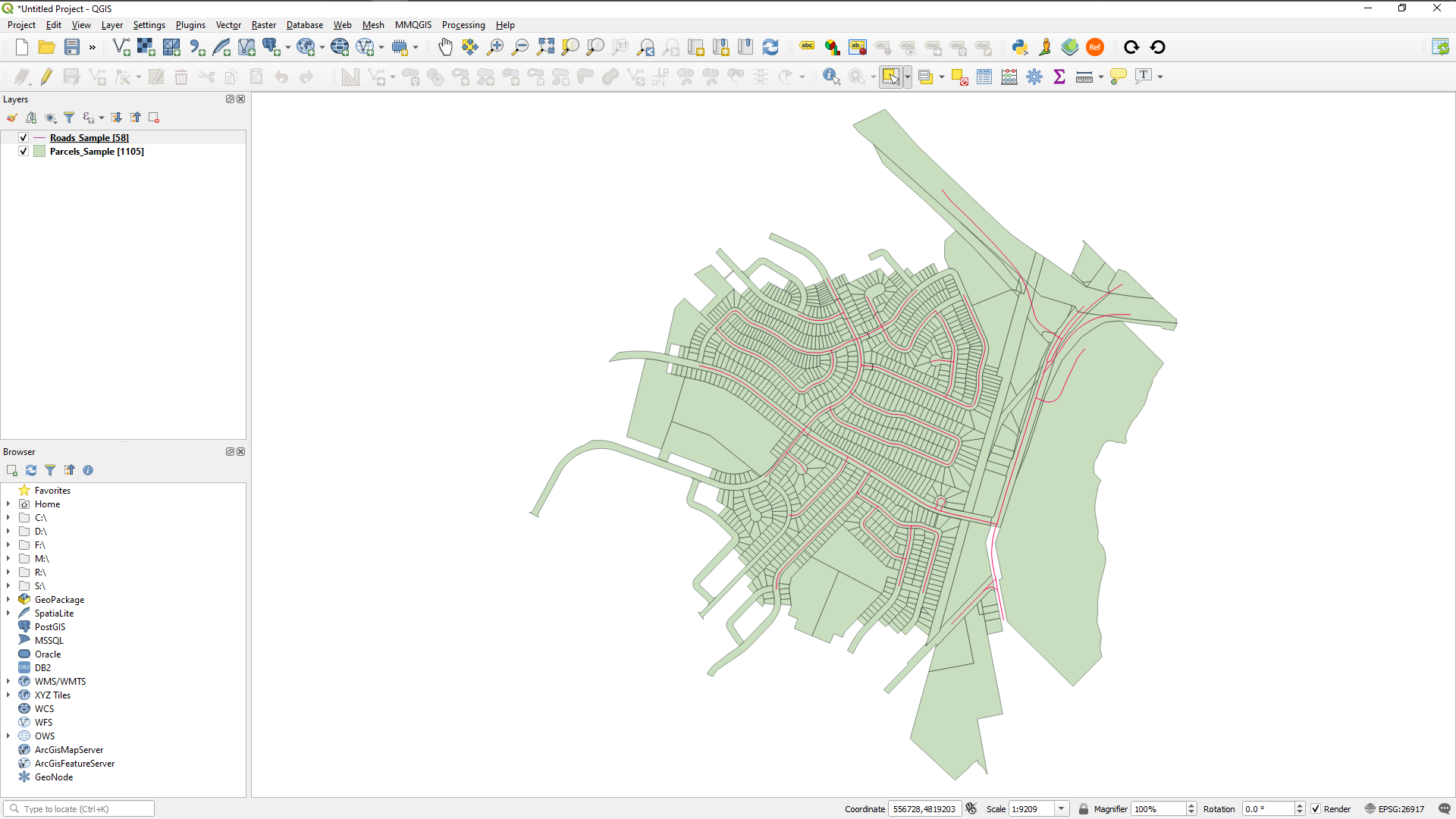 This is our starting map with the Roads layer and Parcels layer