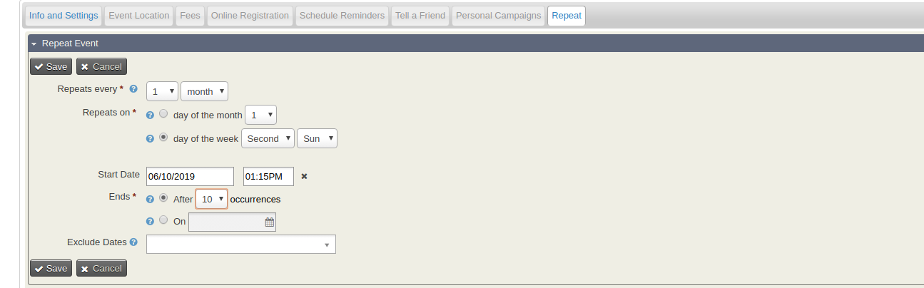 Repeating event configuration