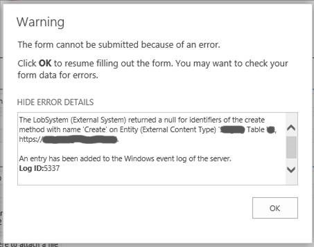 Screenshot of error message