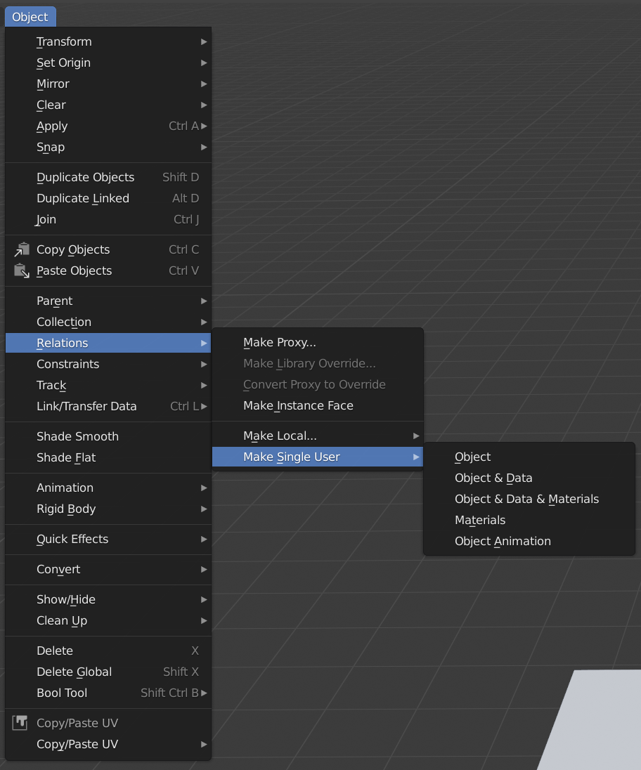 Object menu showing Make Single User options