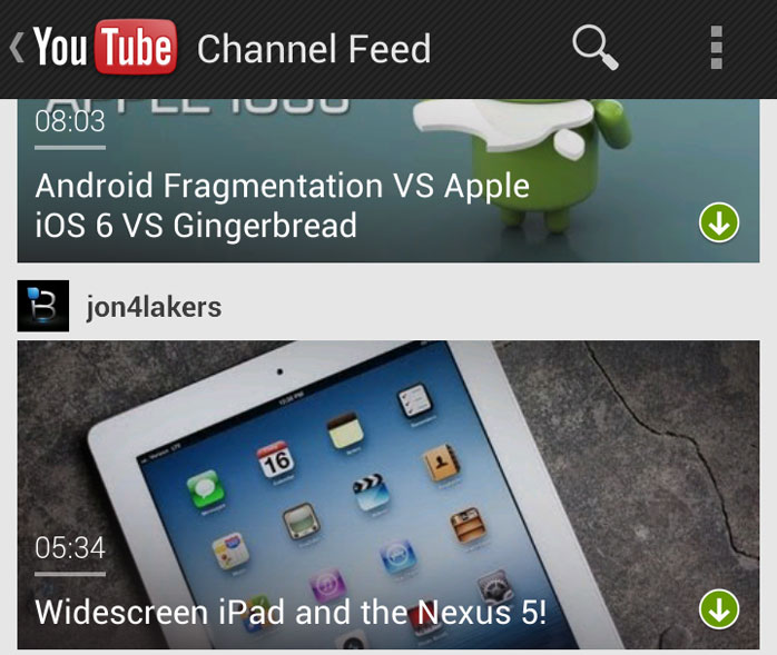 Youtube app showing preloaded videos