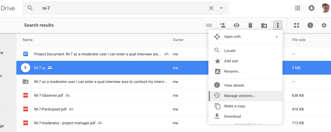 Google Drive list view showing "manage versions" in the menu