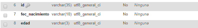 Estructura actual de la tabla h_vida en MySql