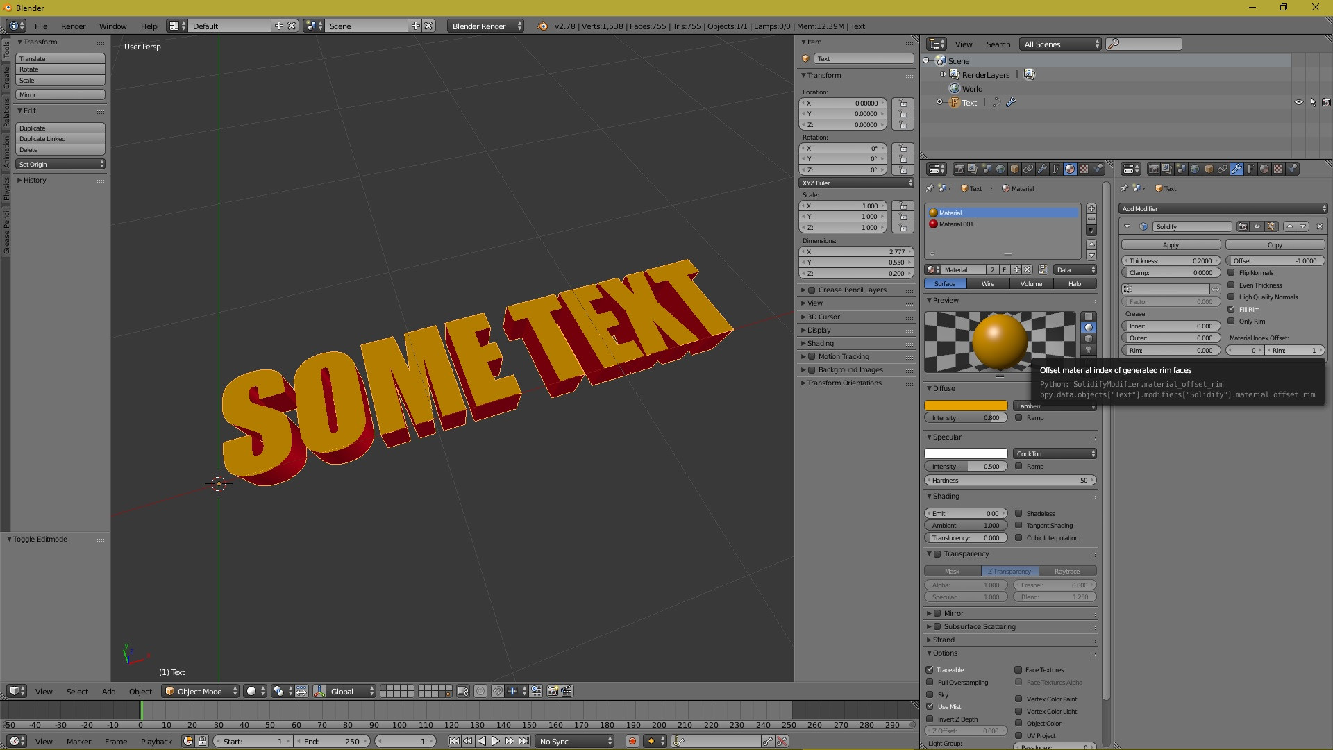 Text with Solidify Modifier and multiple materials.