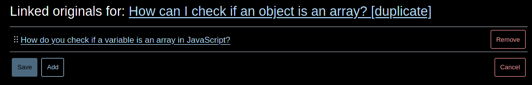 Page with a list of duplicates. There is a "Remove" button for each duplicate, "Add" and "Save" buttons for the list.
