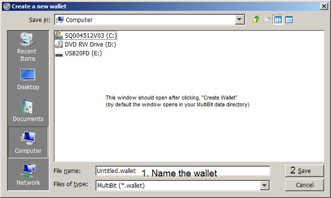 Create new wallet dialog box