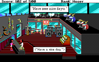 Screenshot of the game, with a speech box at the top saying “Have zeee nice dayo.”, translated below as “Have a nice day.”