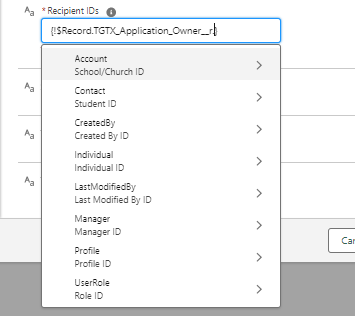 View of the recipient ID menu options for Record Owner