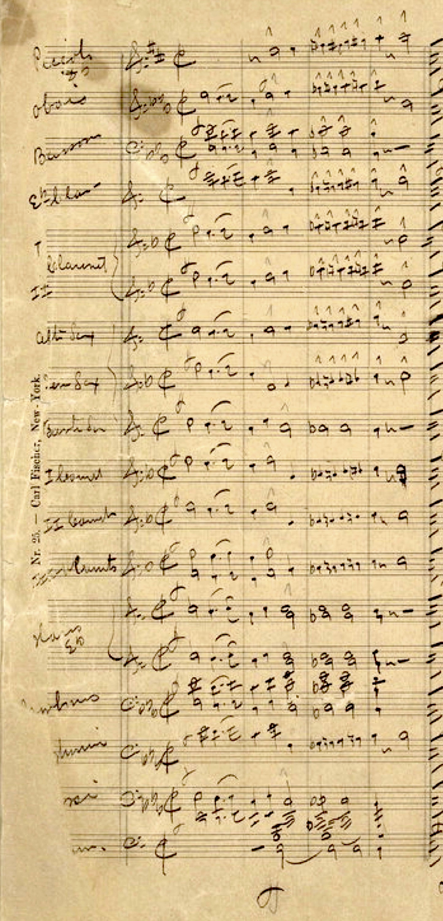 The first few measure of a holograph manuscript of John Philip Sousa’s “The Stars and Stripes Forever”.  The instrument names are down the left hand side, but the handwriting is hard to read.