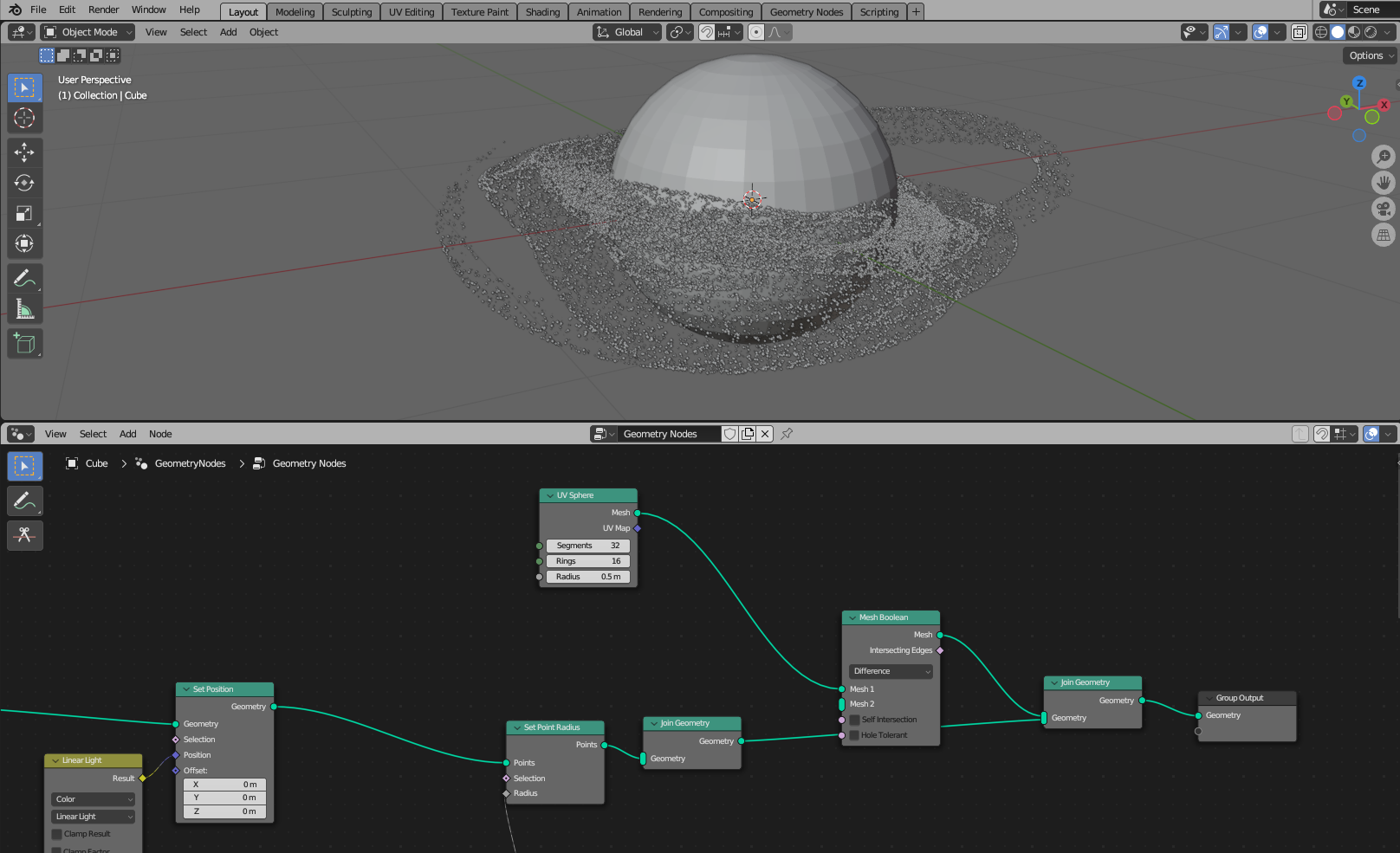 This is how it looks when the geometry nodes are connected such