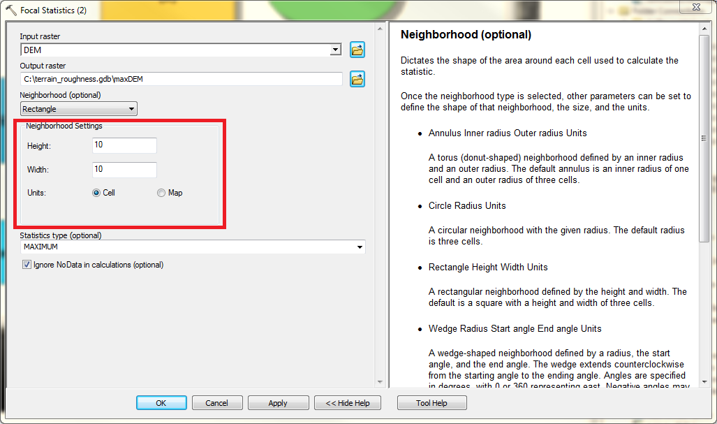 Sceenshot of the focal statistics dialogue box