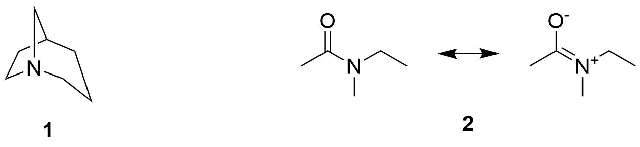 a chiral 1-azabicyclo[3.2.1]octane (compound 1) and *N*-ethyl-*N*-methylacetamide (compound 2) with the amide resonance shown