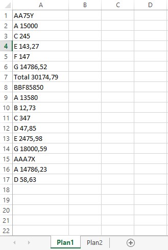 PLAN1 - Única coluna com dados - De onde os dados deve ser copiados, ex: Uma linha na PLAN2 deve ser De A1:A7 (a célula A8 já possui outro código de produto)