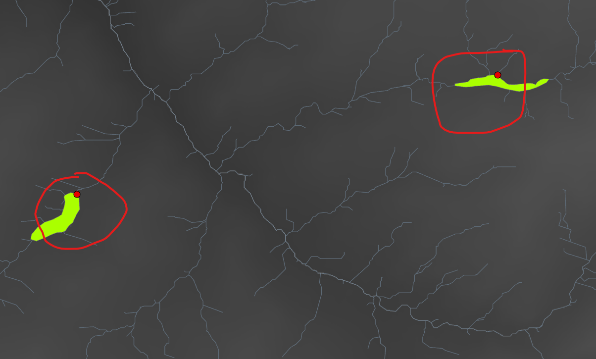 Screenshot showing polygon/stream network intersection points. Lefthand example is what I'm going for, righthand example shows why #3 above doesn't work.