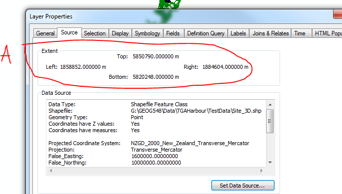 Extent for layers in A - shows no recognisable coordinates 