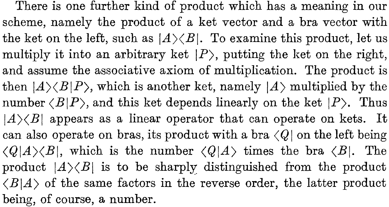 ket-bra as outer product in Dirac 1958