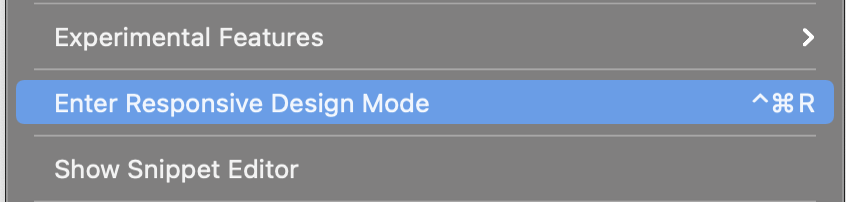 Menu item for responsive design mode in Safari