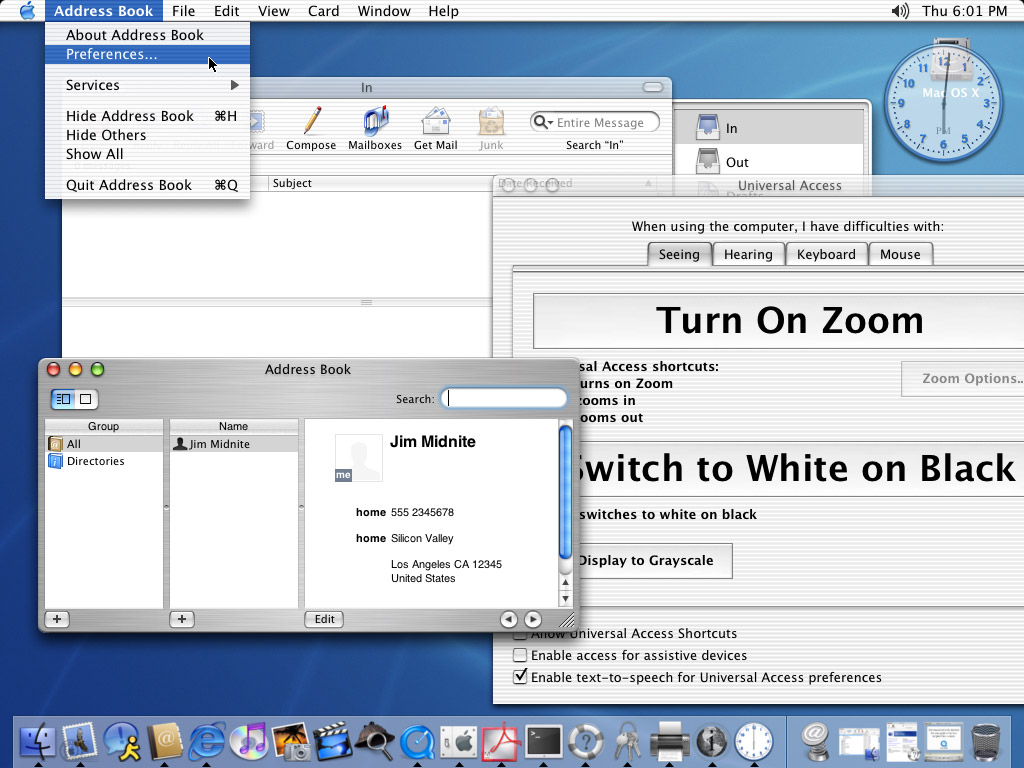 Screenshot of Mac OS X v10.2 Jaguar, showing how the interface was toned down from the earlier releases