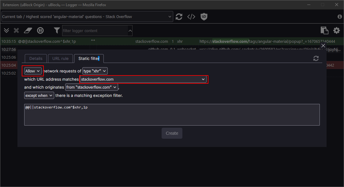 Static filter tab on the details of the blocked request. The dropdown that said "Block" was changed to "Allow" and the dropdown that listed the full URL is changed to "stackoverflow.com"