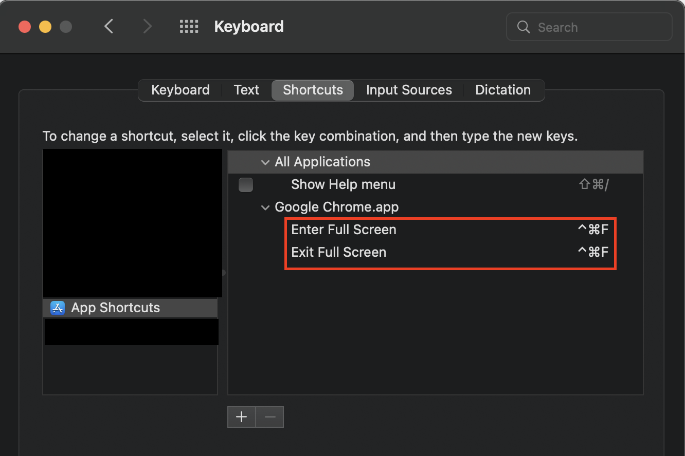 System Preferences -> Keyboard -> App Shortcuts -> Google Chrome.app -> Enter Full Screen & Ctrl + Cmd + F, Exit Full Screen & Ctrl + Cmd + F