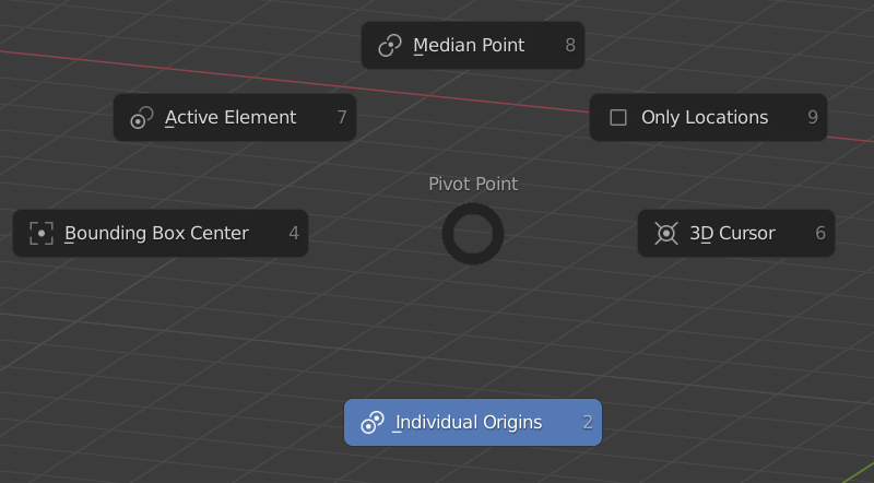 Blender pivot point pie menu showing underlined letters in options.