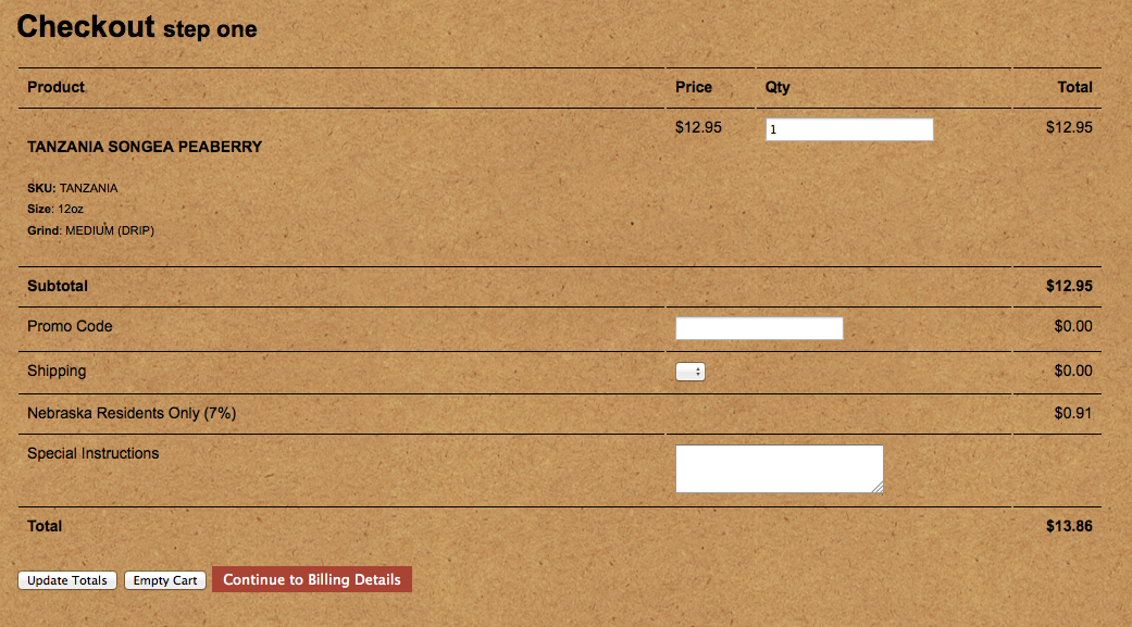 Shopping Cart Checkout Page