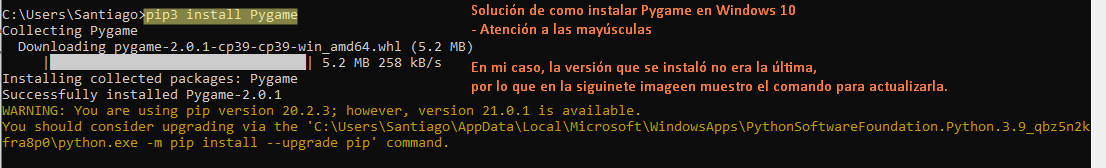 Comandos para instalar Pygame en Windows 10