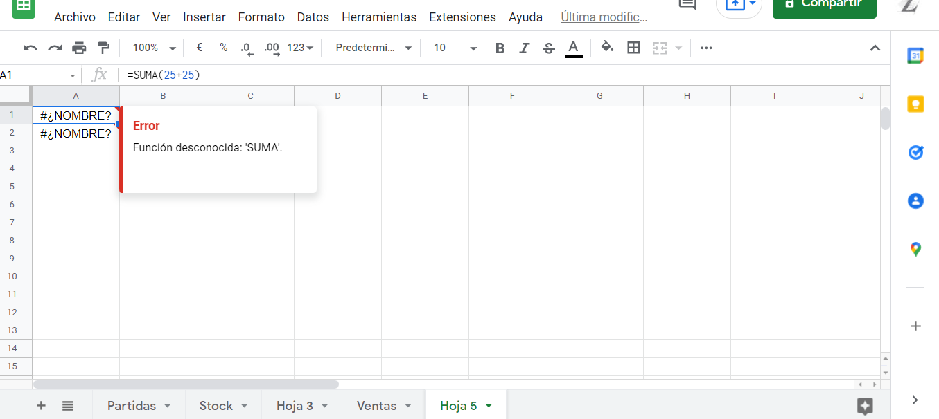 muestra del error en el spreadsheet