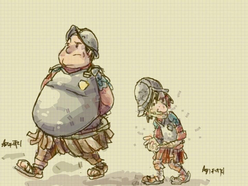 Sergeant Fred Colon and Corporal Nobby Nobbs of the Ankh-Morpork City Watch. Colon is depicted as a large, fat man walking with his hands behind his back, while Nobby is a small, ugly, figure walking with his hands clasped together as if scheming.