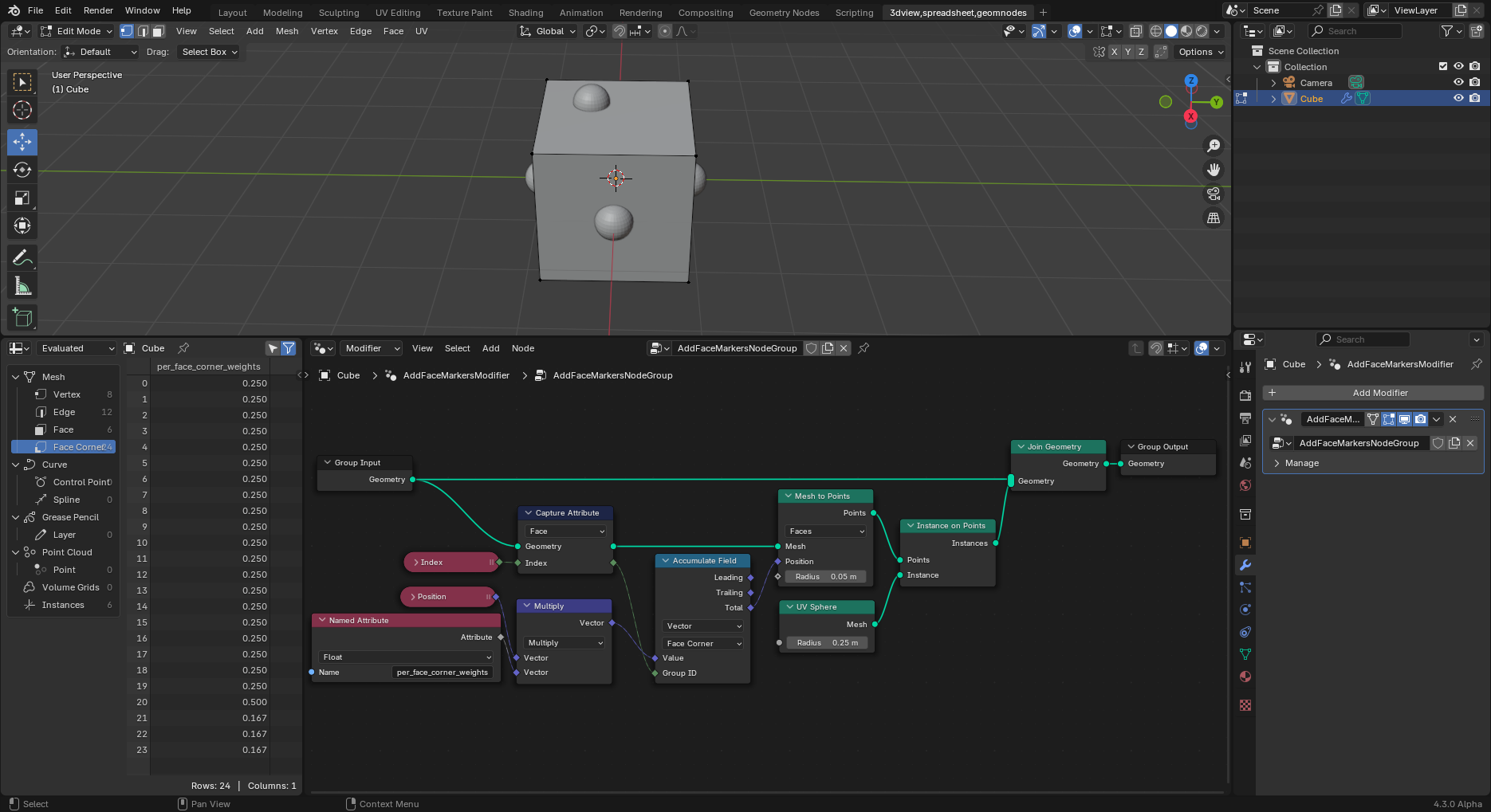 blender session with solution geom node graph and resulting in 3d view