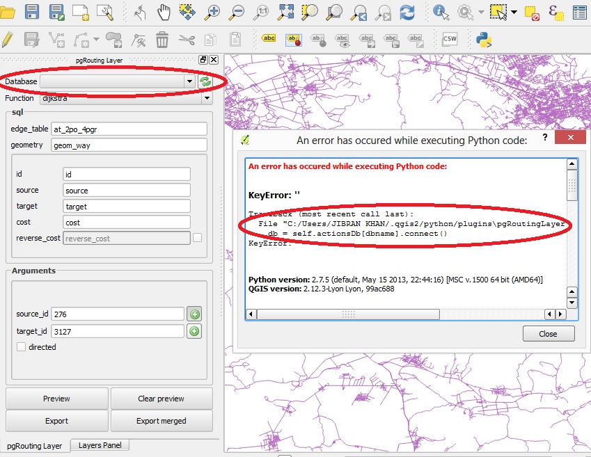 Screen shot of pgRouting Layer DB connectivity problem