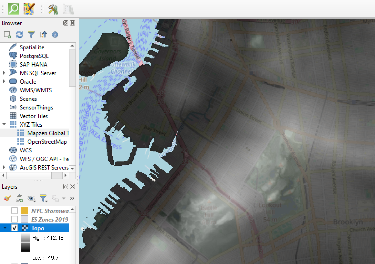 screenshot of elevation raster with opacity lowered over base map