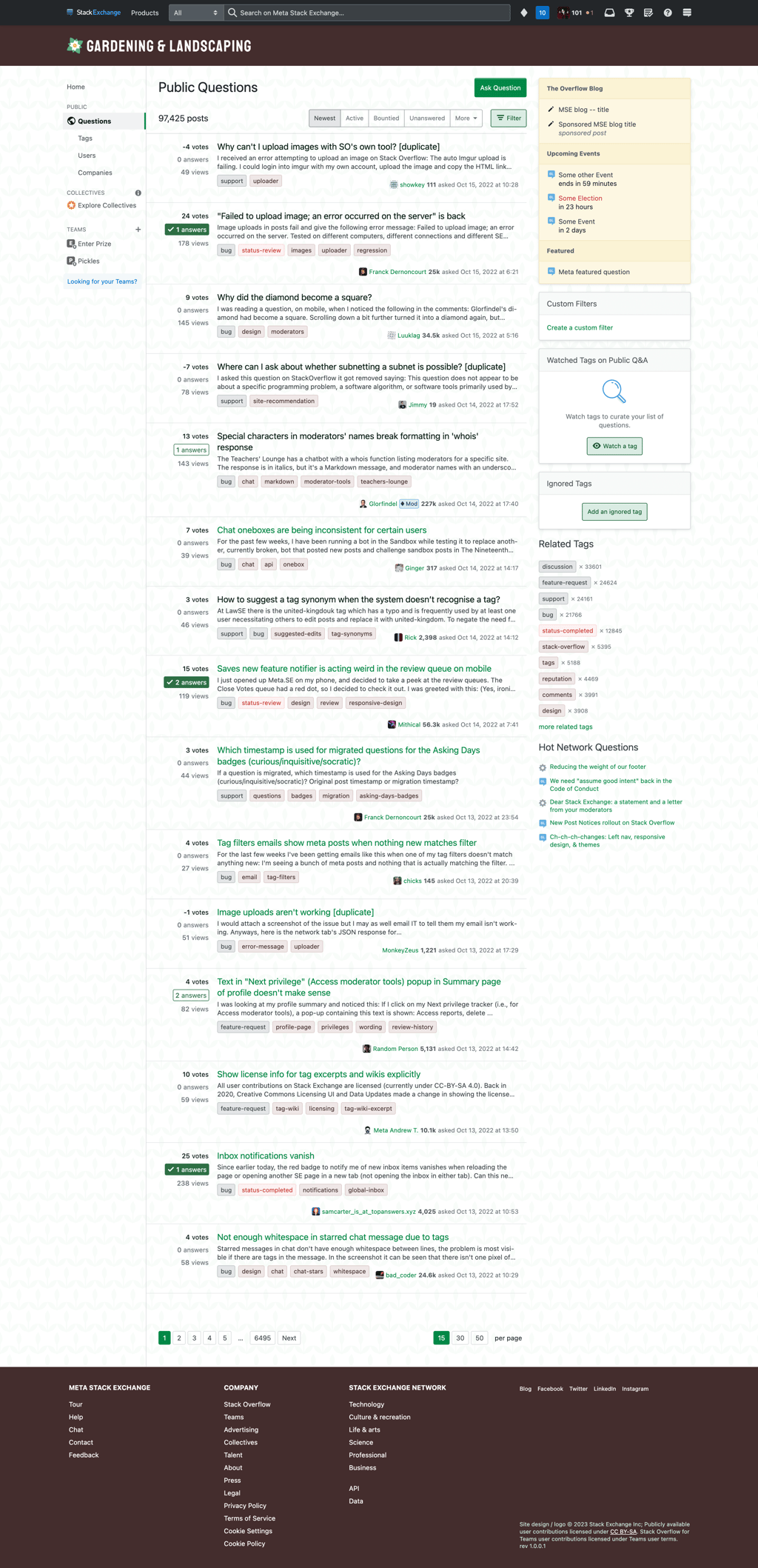 Proposed page design/style, showing the site's Questions page (/questions). The backgrounds of the header and footer of the page are a dark brown, while a faded plant design is tiled throughout the background in between. Question titles and other links appear in light green (or dark green for visited links), while regular tags appear with a brown background.