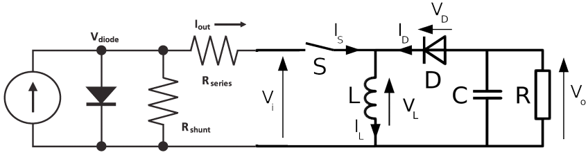 Circuit of solar panel on left and buck-boost converter on right